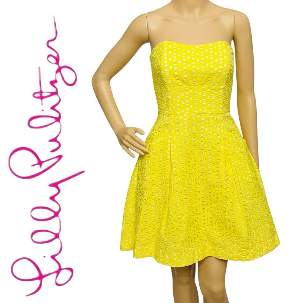 Lilly Pulitzer Dress Eyelet Flared Yellow Strapless Blooom Pockets Sz 00